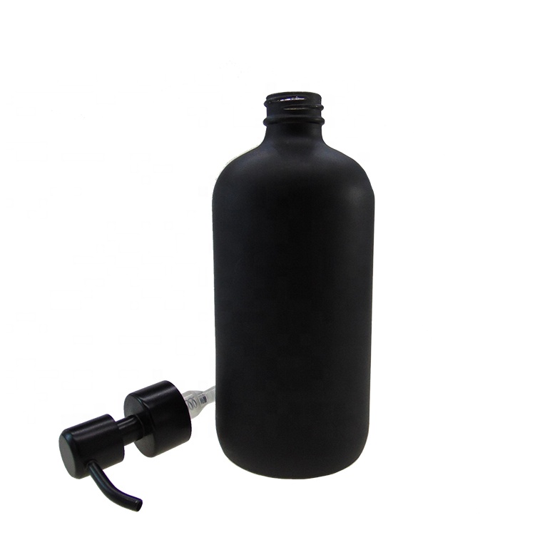 16oz Black Boston Round Cosmetic Foam Airless Glass Bottle with Black Stainless Steel Pump Dispenser