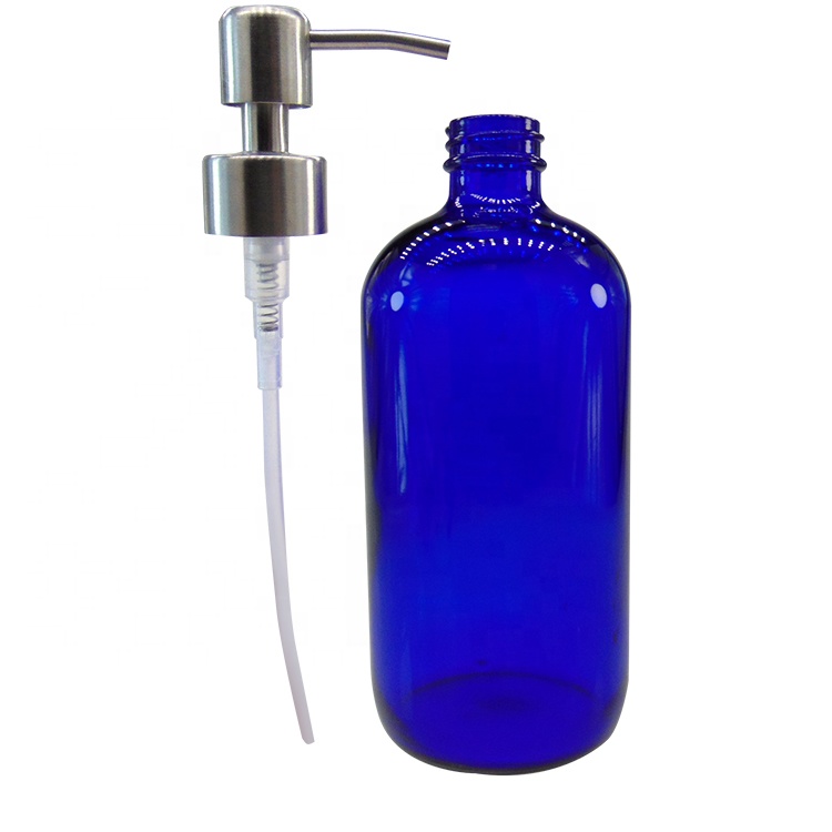 16oz Blue Boston Round Cosmetic Foam Airless Glass Bottle with Stainless Steel Pump Dispenser