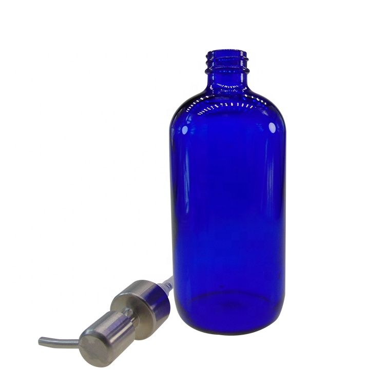 16oz Blue Boston Round Cosmetic Foam Airless Glass Bottle with Stainless Steel Pump Dispenser