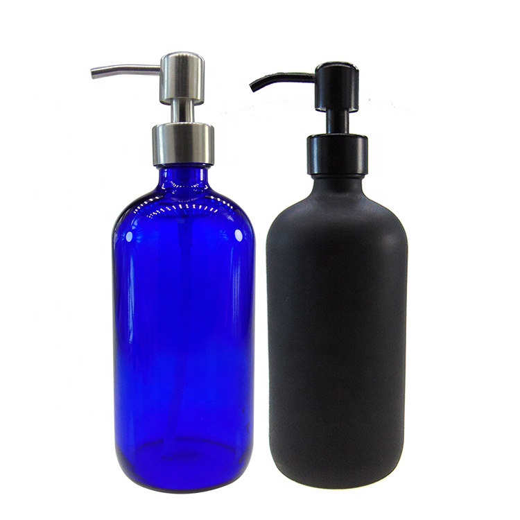 16oz Blue Boston Round Cosmetic Foam Airless Glass Bottle with Stainless Steel Pump Dispenser
