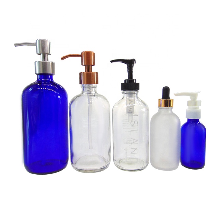 16oz Blue Boston Round Cosmetic Foam Airless Glass Bottle with Stainless Steel Pump Dispenser