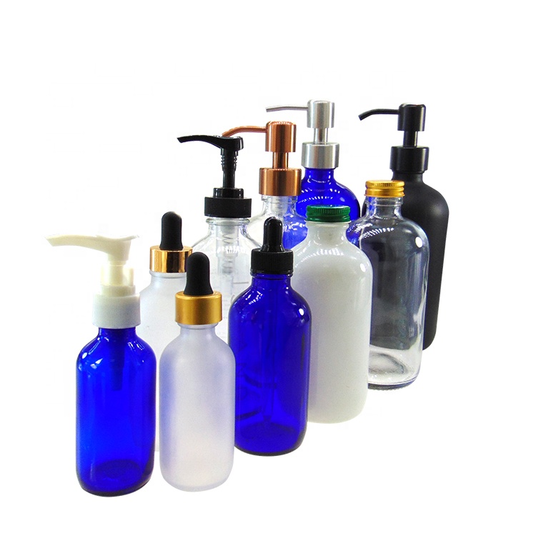 16oz Blue Boston Round Cosmetic Foam Airless Glass Bottle with Stainless Steel Pump Dispenser