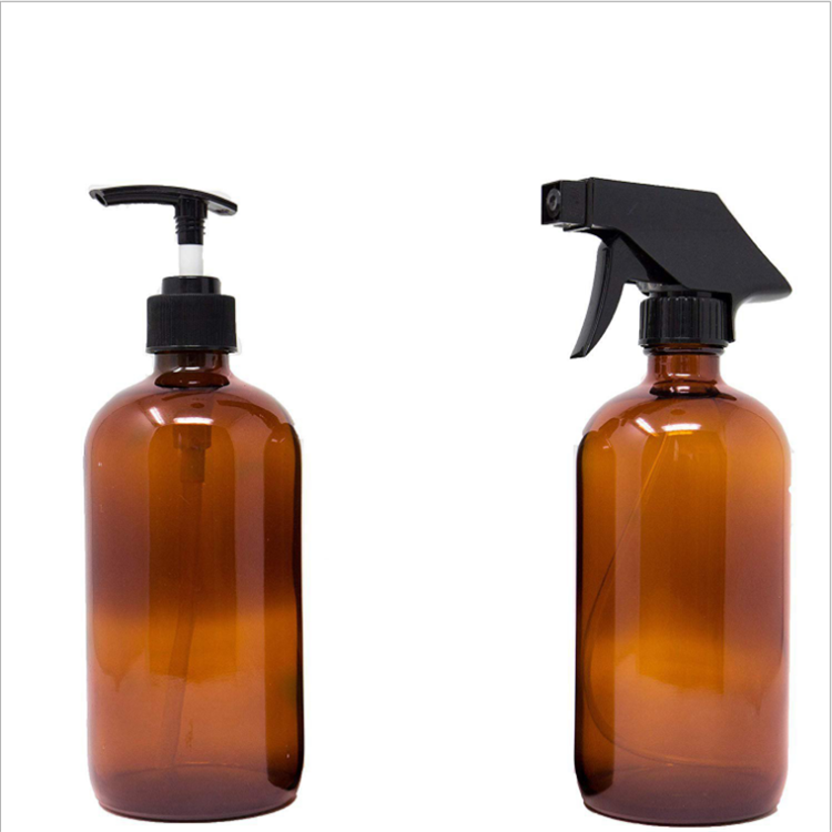 16oz Blue Boston round glass bottle with sprayer and dropper