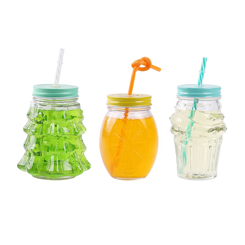 16oz Christmas tree shape wide mouth glass mason jar with lid and straws