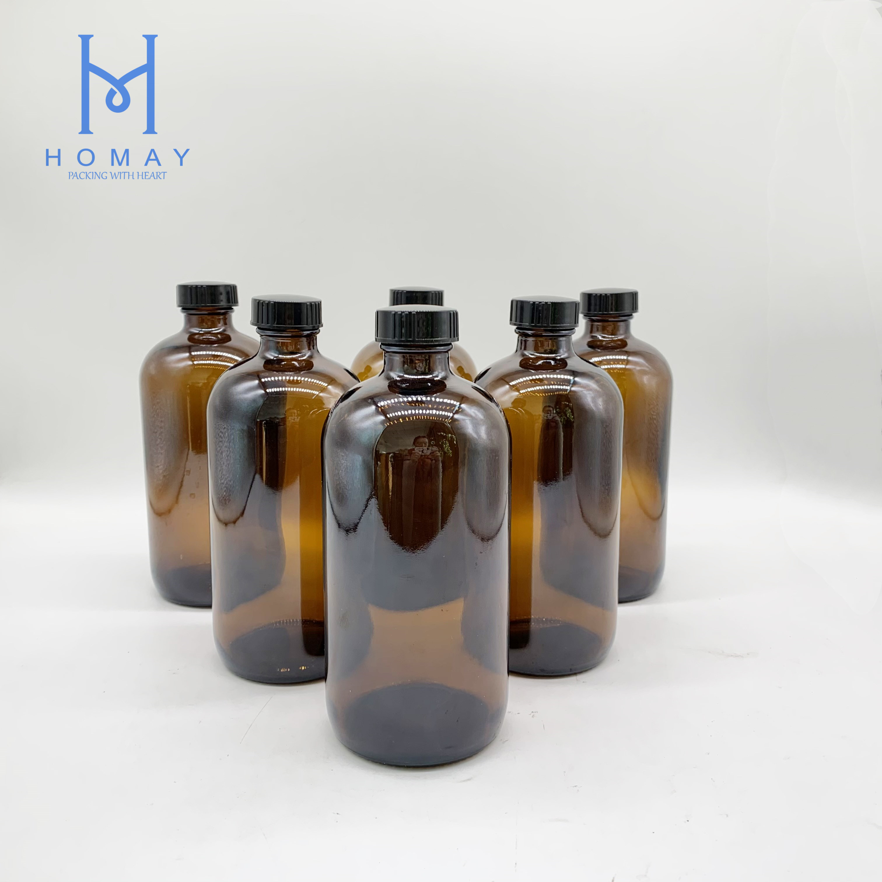 16oz Empty amber boston glass spray bottle for essential oil disinfectant with many different accessories with paper box