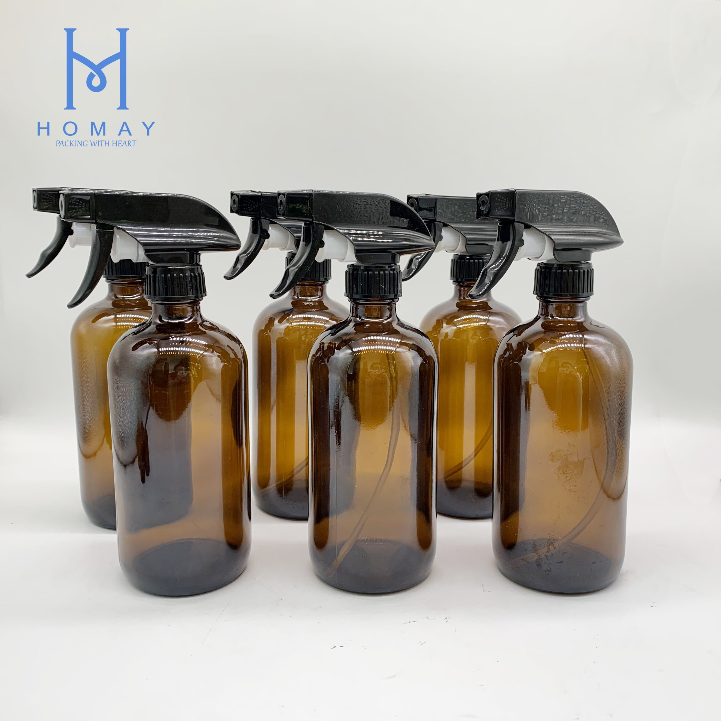 16oz Empty amber boston glass spray bottle for essential oil disinfectant with many different accessories with paper box