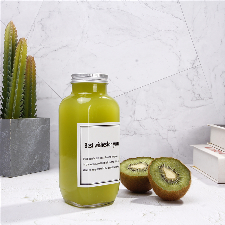 16oz Factory Price Square Juice Bottle Glass For Beverage Bottle With Metal Lid In Stock