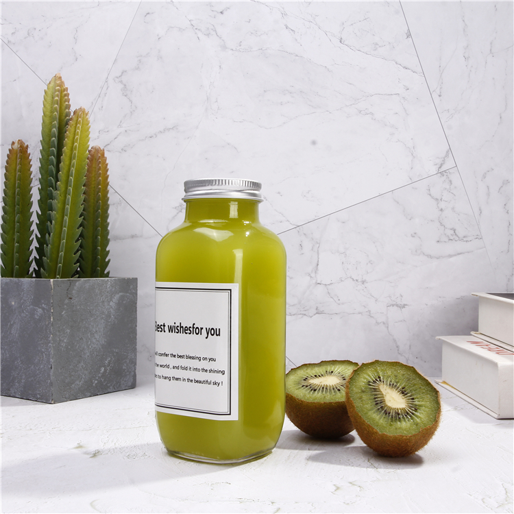 16oz Factory Price Square Juice Bottle Glass For Beverage Bottle With Metal Lid In Stock