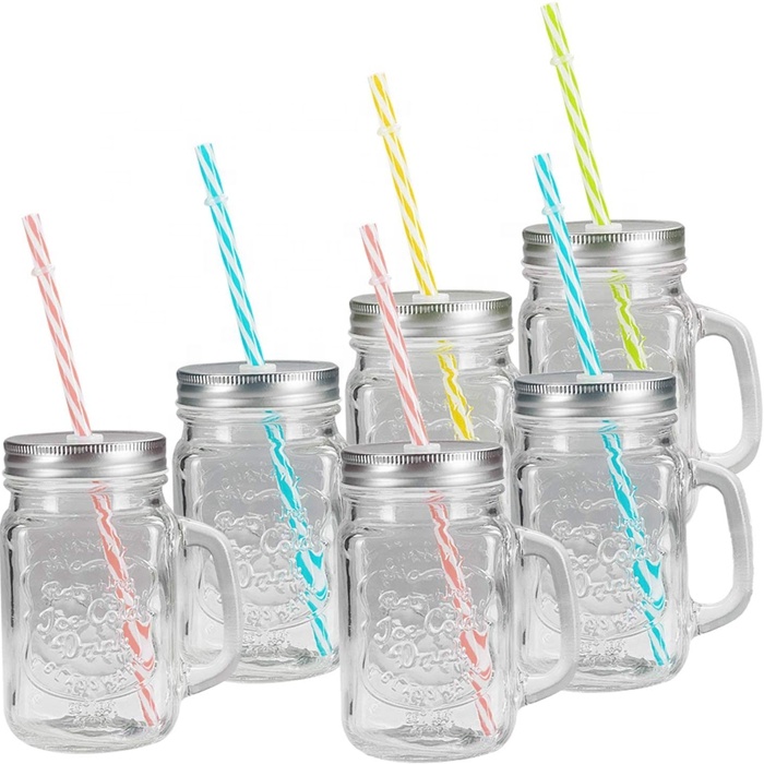 16oz Old Fashioned Drinking Glass Mason Jar Mugs with Handle