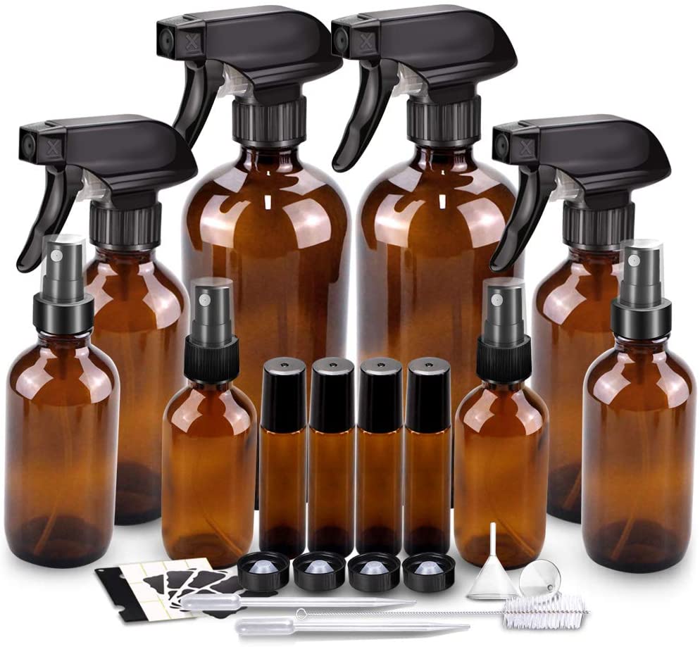 16oz Refillable Container Empty Amber Glass Spray Bottles with Labels Durable Black Trigger Sprayer w/Mist and Stream //