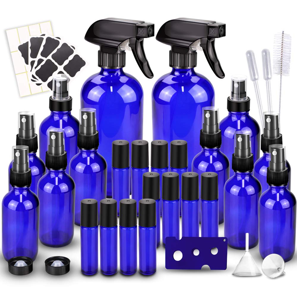 16oz Refillable Container Empty Amber Glass Spray Bottles with Labels Durable Black Trigger Sprayer w/Mist and Stream //