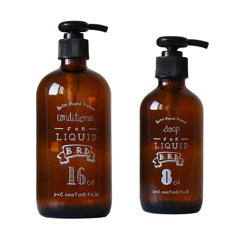 16oz amber empty shampoo conditioner glass bottles with plastic pump