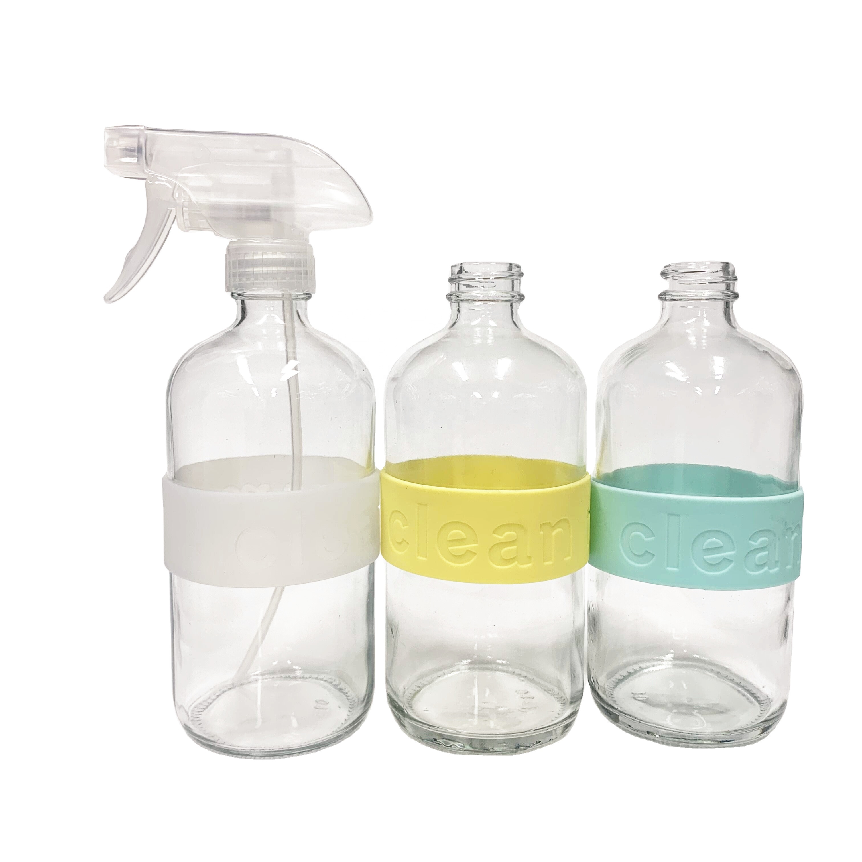 16oz clear boston round glass spray bottle 500ml with colorful silicone sleeve base for bathroom cleaning