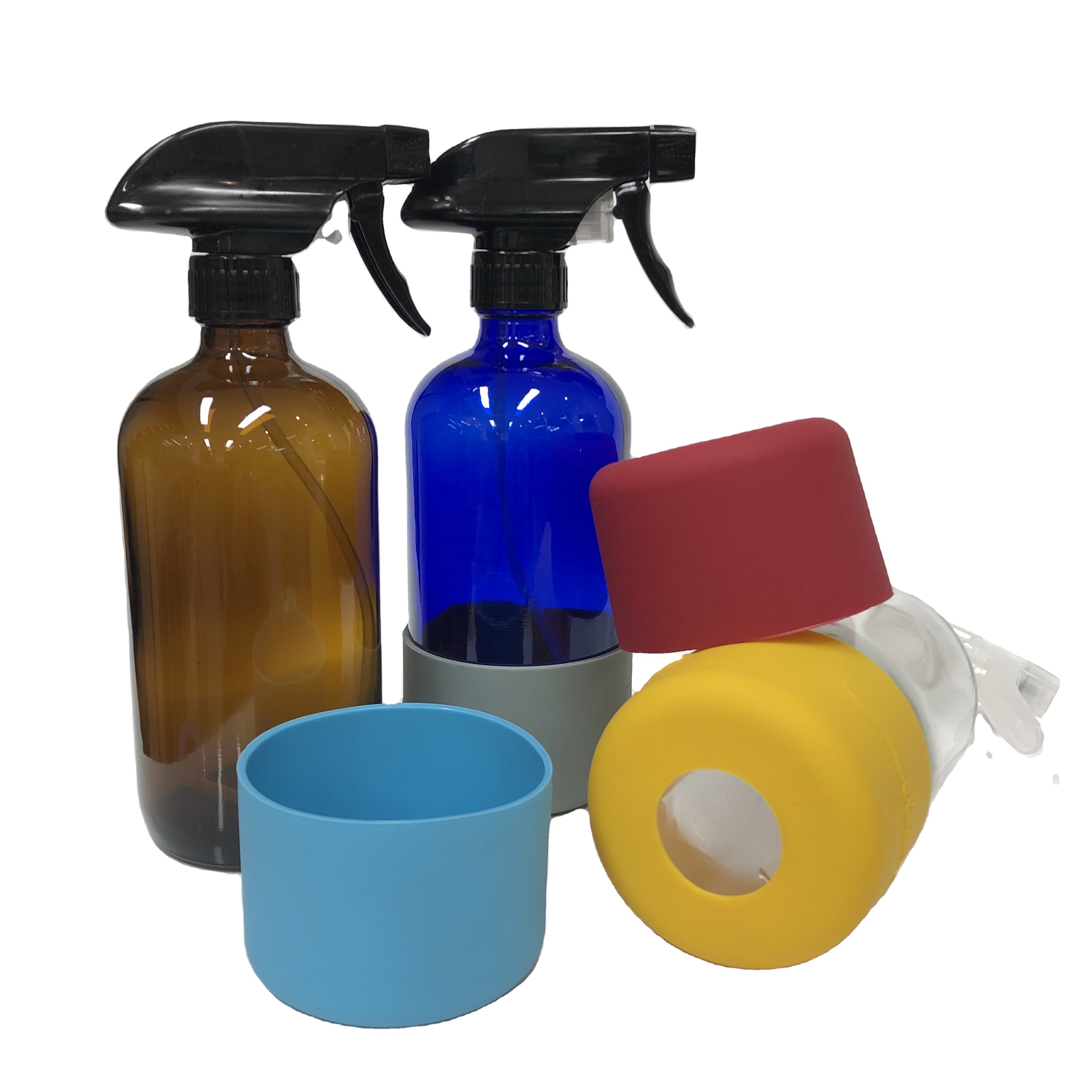 16oz clear boston round glass spray bottle 500ml with colorful silicone sleeve base for bathroom cleaning
