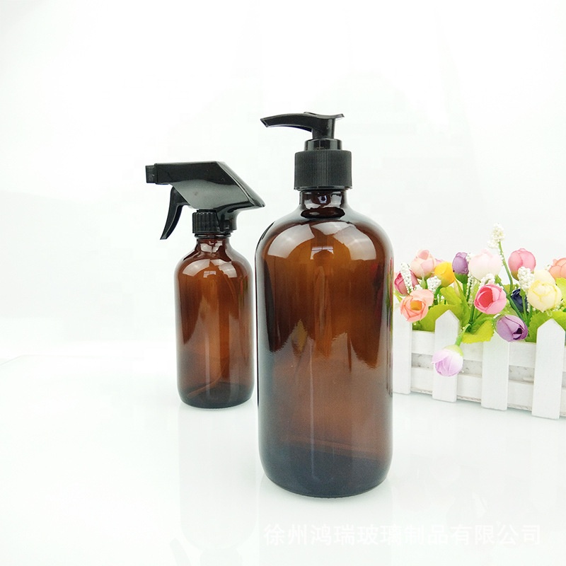 16oz empty amber clear boston round glass bottle 500ml boston round pump bottle