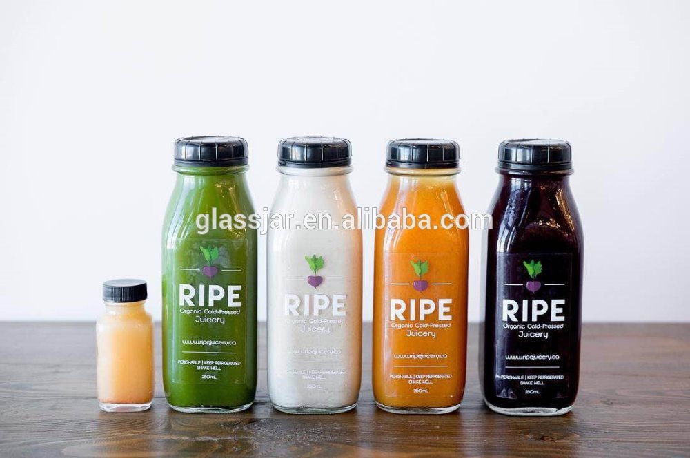 16oz french square printed glass bottle for boba milk tea and cold pressed juice with plastic cap