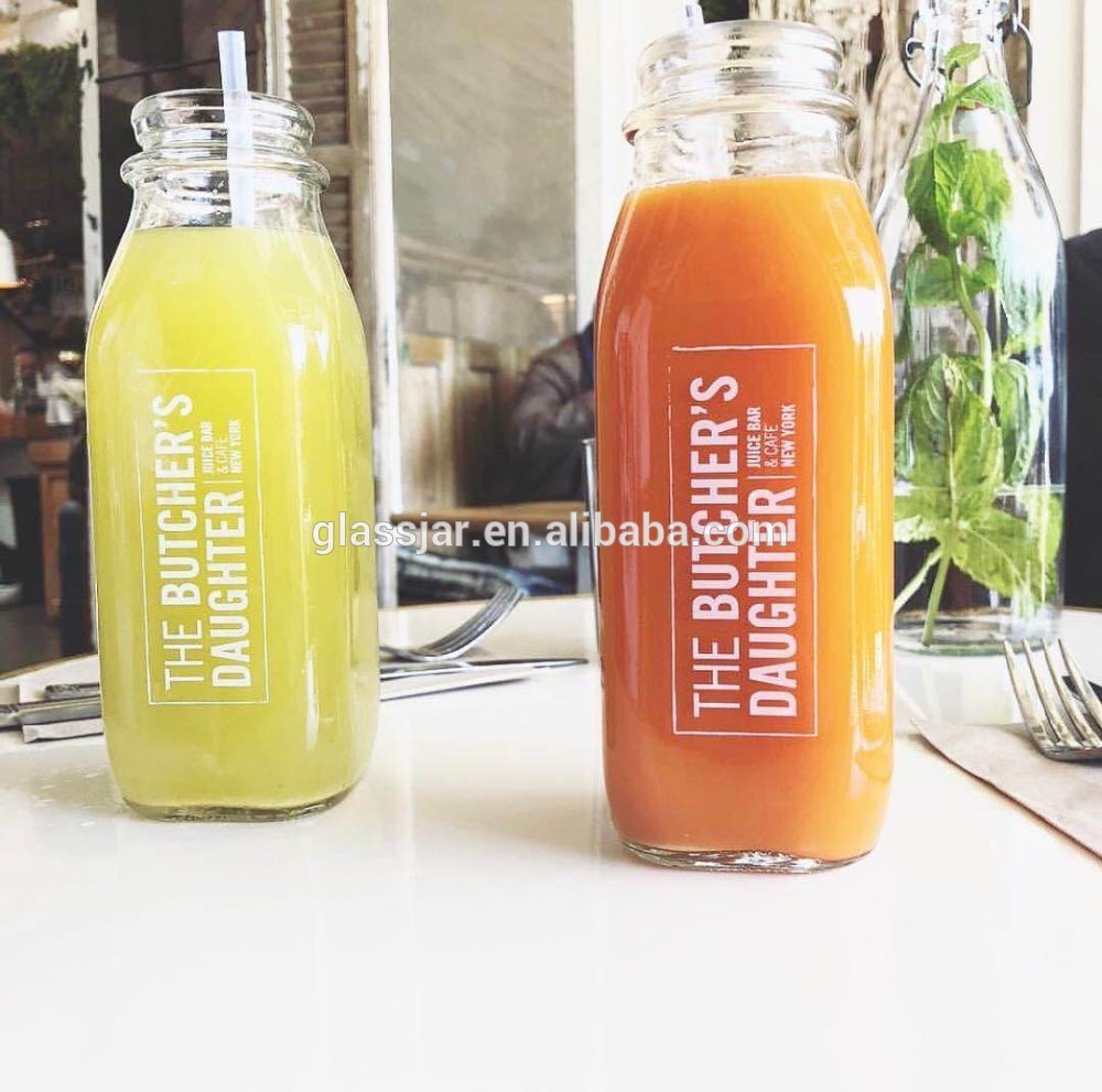 16oz french square printed glass bottle for boba milk tea and cold pressed juice with plastic cap