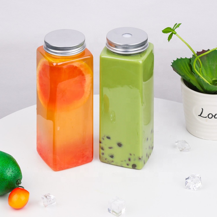 16oz transparent square plastic juice pet bottle for fresh juice packaging with aluminum cap
