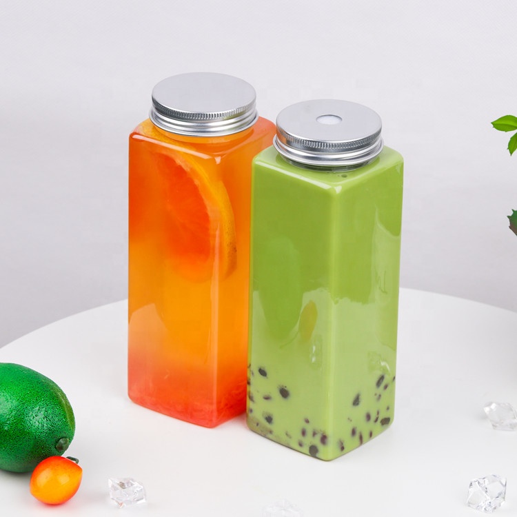 16oz transparent square plastic juice pet bottle for fresh juice packaging with aluminum cap
