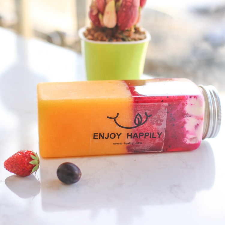16oz transparent square plastic juice pet bottle for fresh juice packaging with aluminum cap
