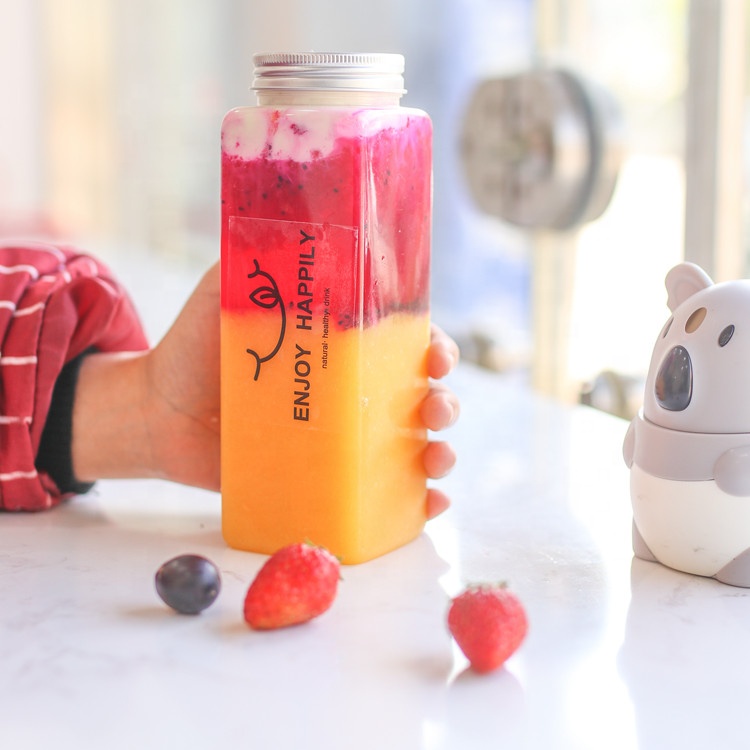 16oz transparent square plastic juice pet bottle for fresh juice packaging with aluminum cap