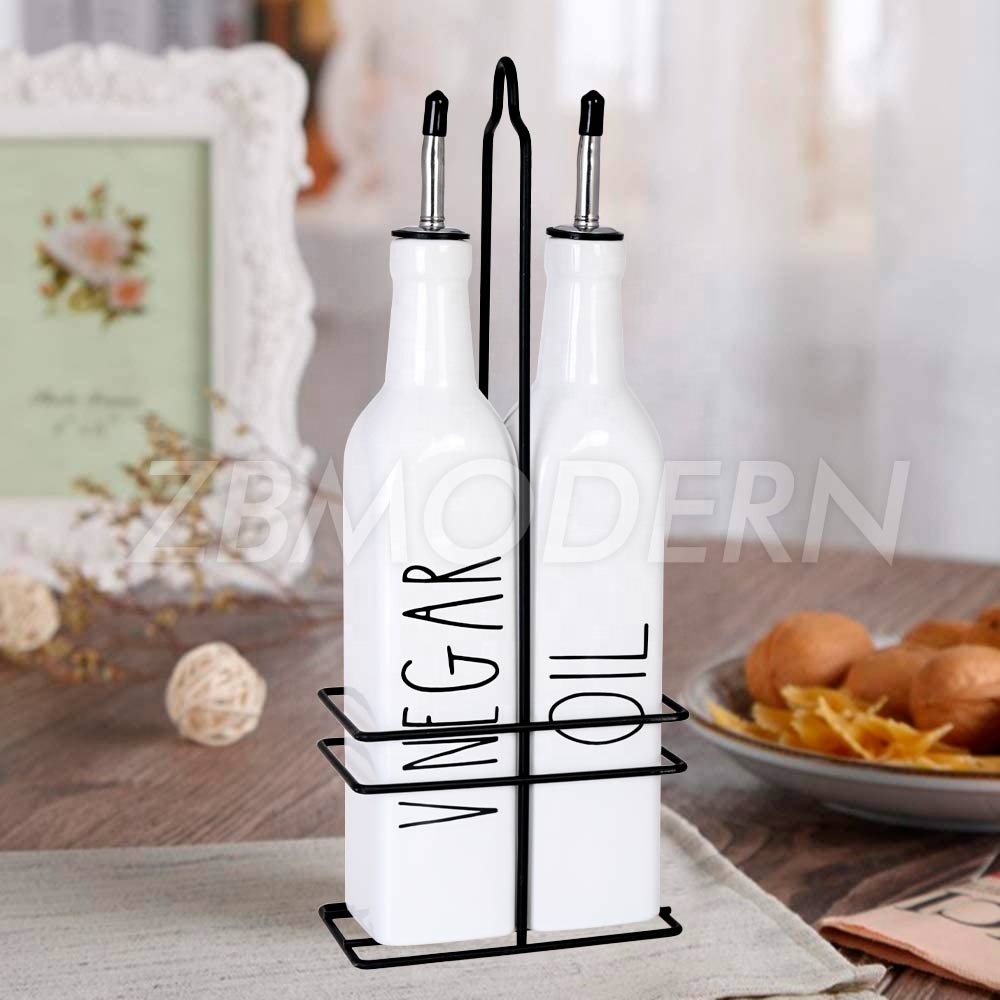 17 Oz Oil and Vinegar Dispenser Set, Olive Oil Bottle For Kitchen Cruet Set With Metal Holder Stand