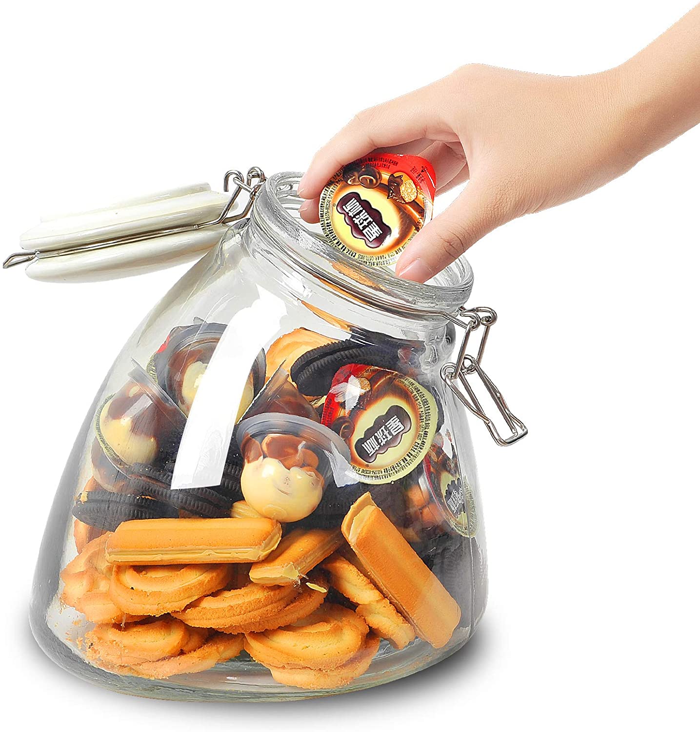 1800ml factory supply classical biscuit sealed glass storage tank with clamp top glass lid