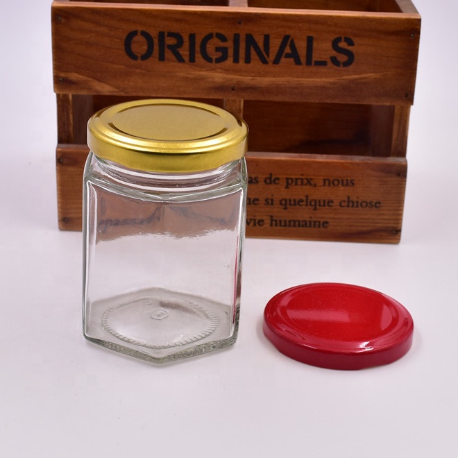 180ml 250g transparent hexagon screw top bee honey jar jam jars  hot sauce food storage container glass bottles with metal lids