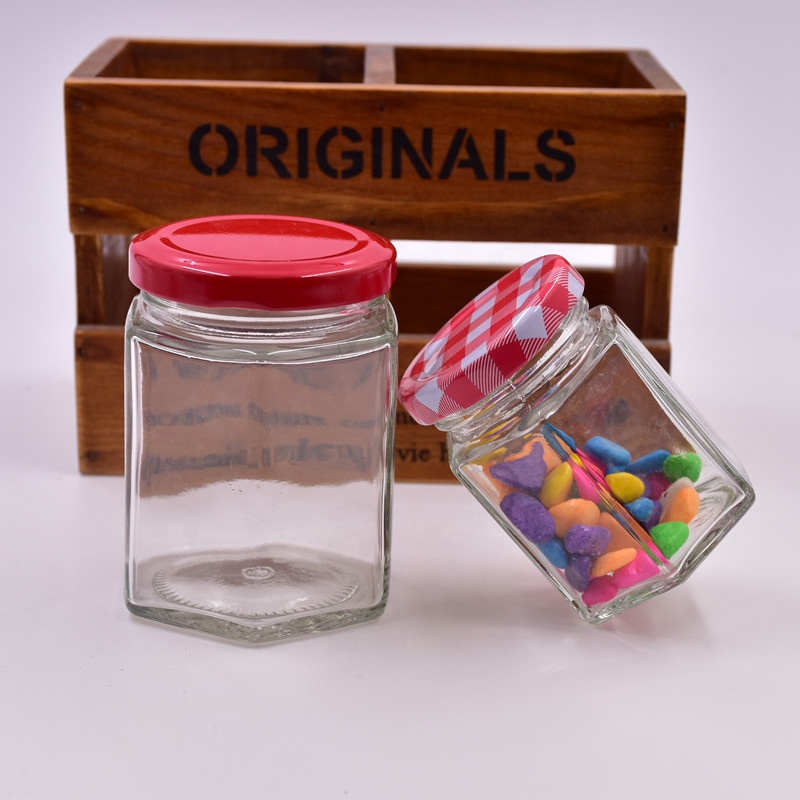 180ml 250g transparent hexagon screw top bee honey jar jam jars hot sauce food storage container glass bottles with metal lids