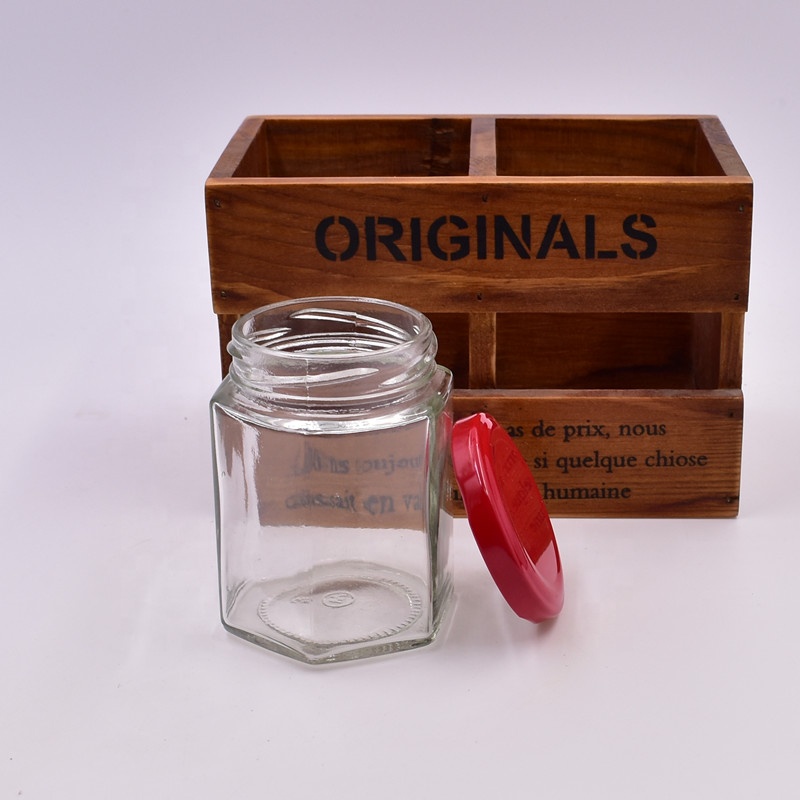 180ml 250g transparent hexagon screw top bee honey jar jam jars hot sauce food storage container glass bottles with metal lids
