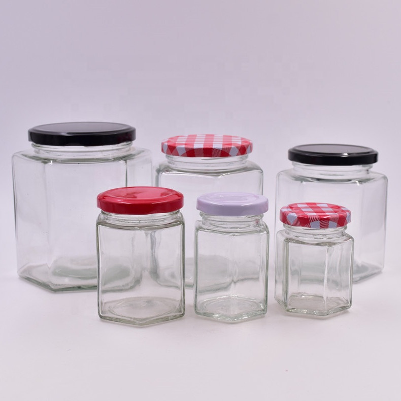 180ml 250g transparent hexagon screw top bee honey jar jam jars hot sauce food storage container glass bottles with metal lids