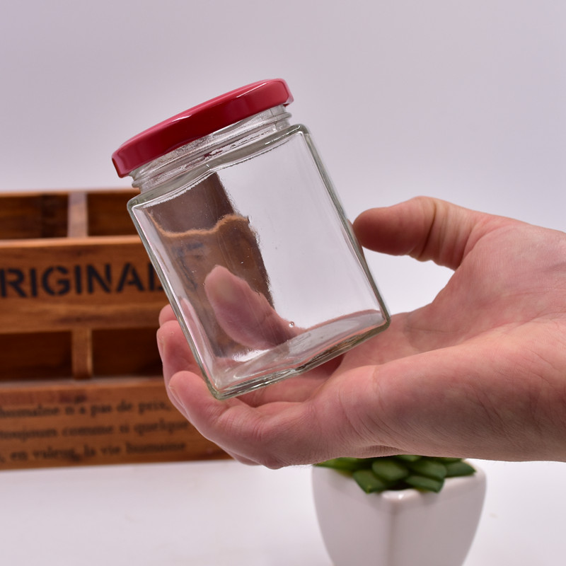 180ml 250g transparent hexagon screw top bee honey jar jam jars hot sauce food storage container glass bottles with metal lids