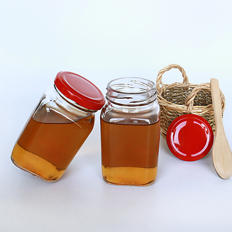 180ml 280ml 380ml Food safe recycle glass honey jar square with metal lid
