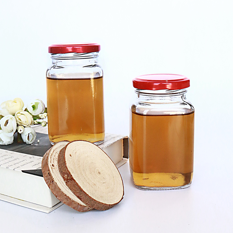 180ml 280ml 380ml Food safe recycle glass honey jar square with metal lid