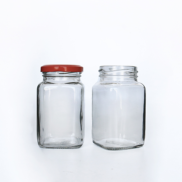 180ml 280ml 380ml Food safe recycle glass honey jar square with metal lid
