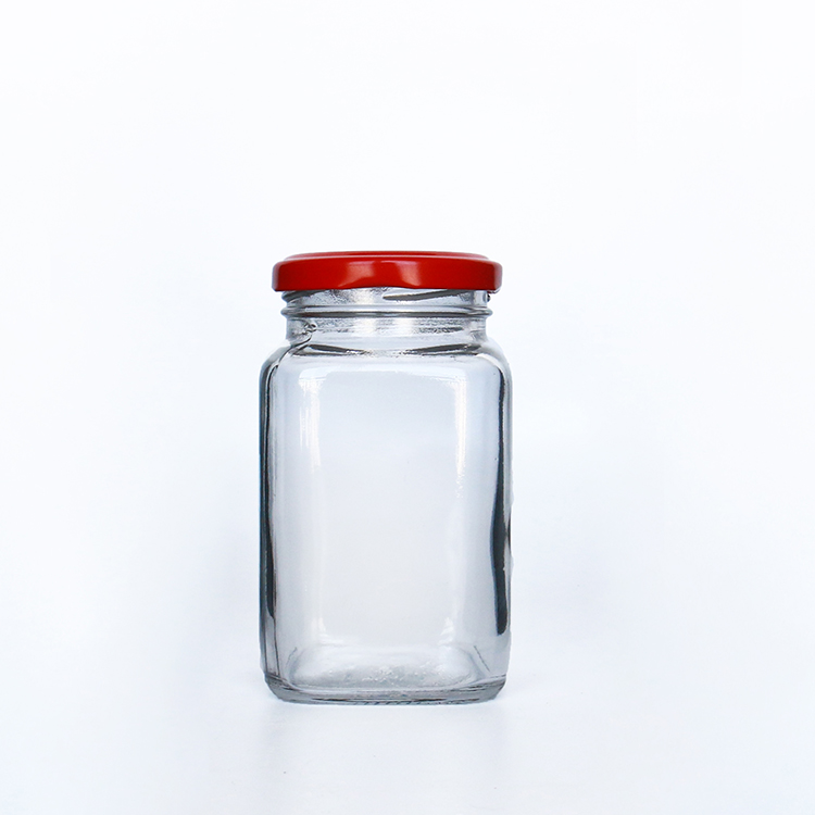 180ml 280ml 380ml Food safe recycle glass honey jar square with metal lid