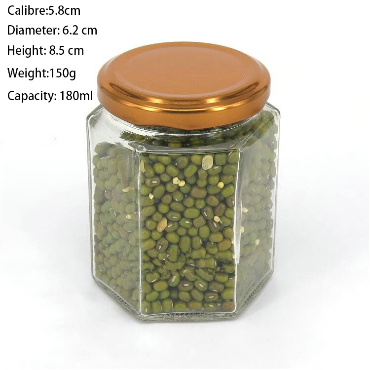 180ml 280ml 380ml Round Hexagon Shape Clear Honey Glass Jar with Screw Metal Lid in Stock