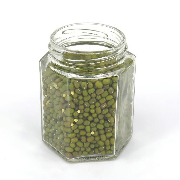 180ml 280ml 380ml Round Hexagon Shape Clear Honey Glass Jar with Screw Metal Lid in Stock