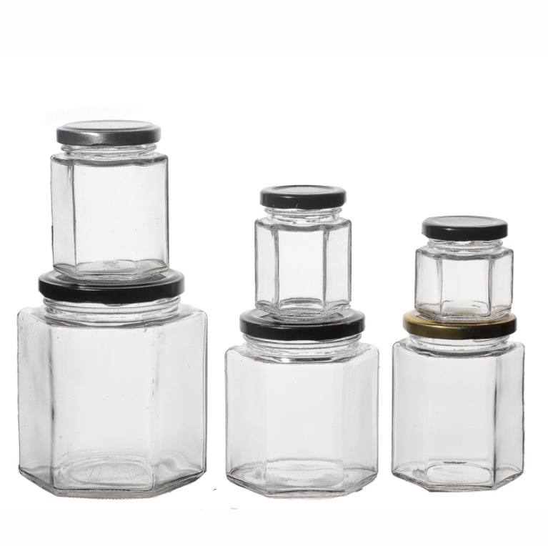 180ml 280ml 380ml Storage Container Clear Hexagonal Metal Lid Food Glass Jar Wholesale