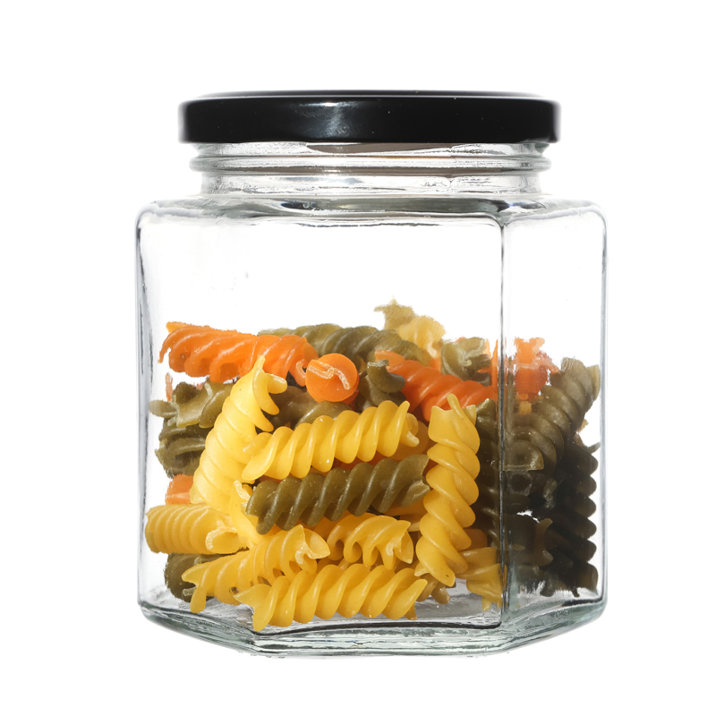 180ml 280ml 380ml Storage Container Clear Hexagonal Metal Lid Food Glass Jar Wholesale