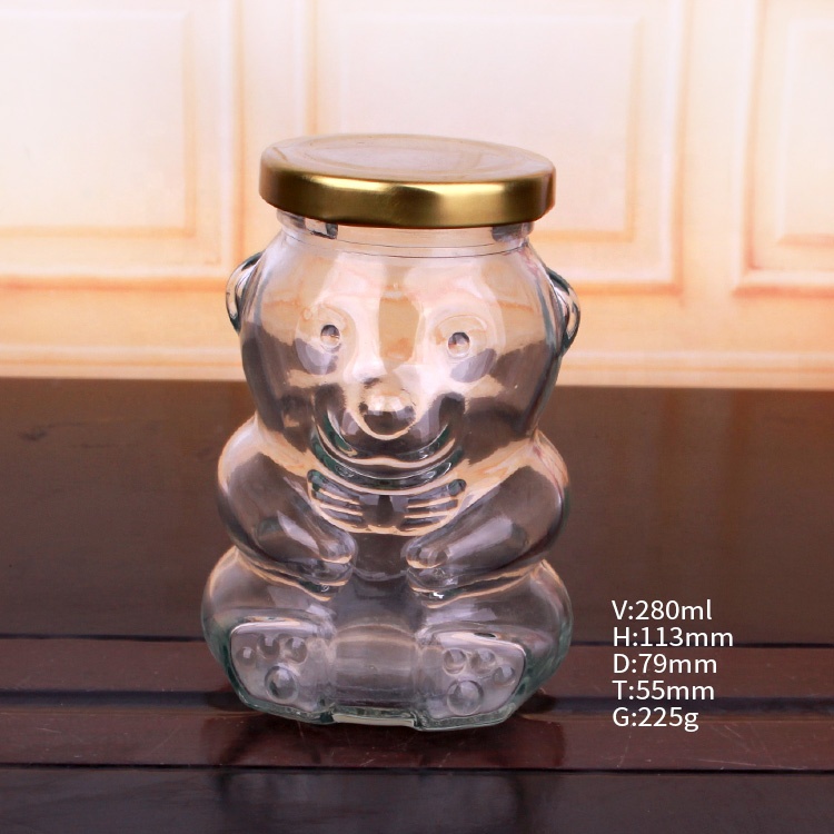 180ml 280ml Bear shaped glass candy jar with gold lid