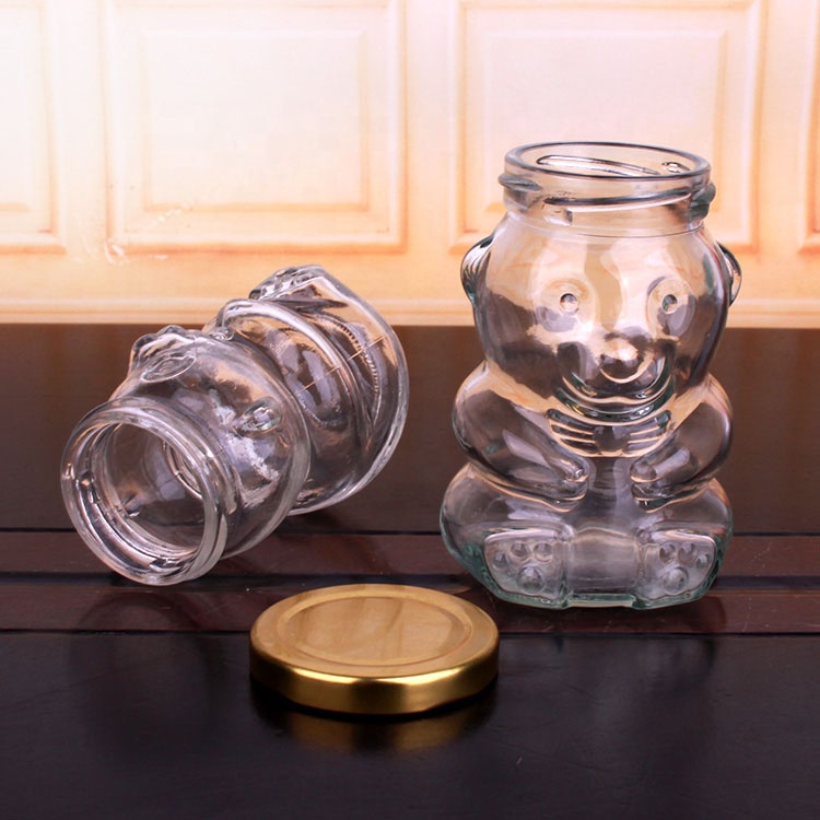 180ml 280ml Bear shaped glass candy jar with gold lid