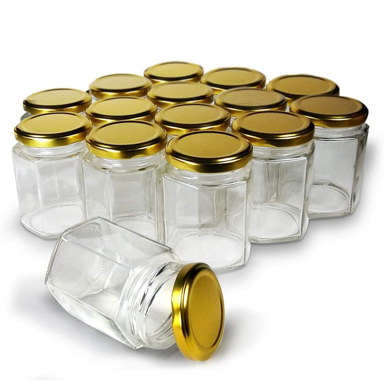 180ml 6oz Empty Glass Honey Jars Hexagon Shaped with Gold Lids