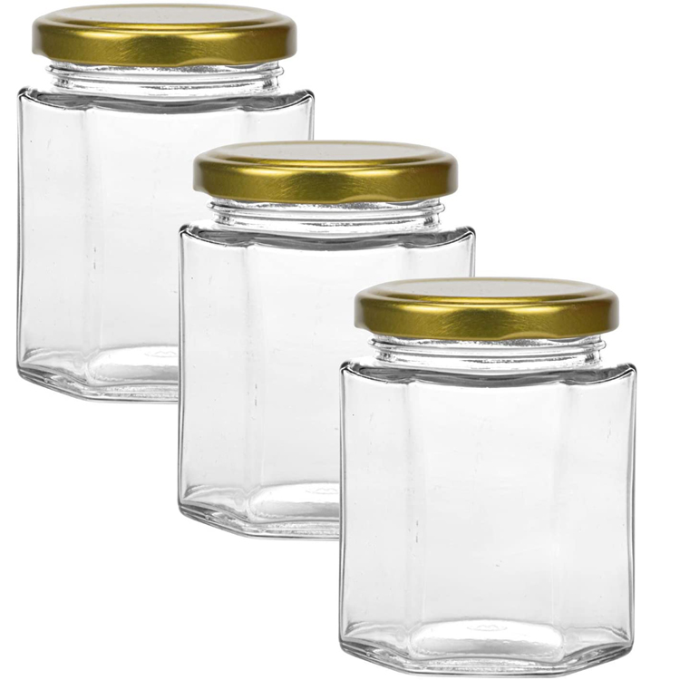 180ml 6oz Empty Glass Honey Jars Hexagon Shaped with Gold Lids