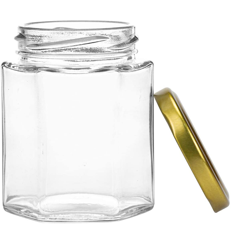 180ml 6oz Empty Glass Honey Jars Hexagon Shaped with Gold Lids