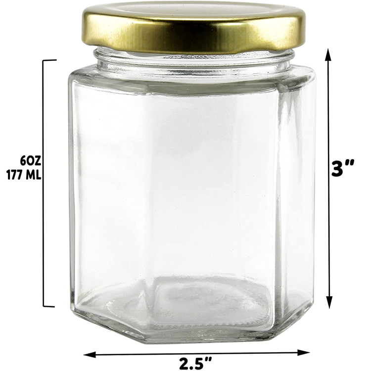 180ml 6oz Empty Glass Honey Jars Hexagon Shaped with Gold Lids