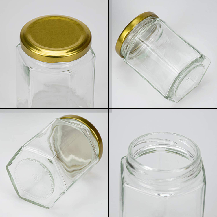180ml 6oz Empty Glass Honey Jars Hexagon Shaped with Gold Lids