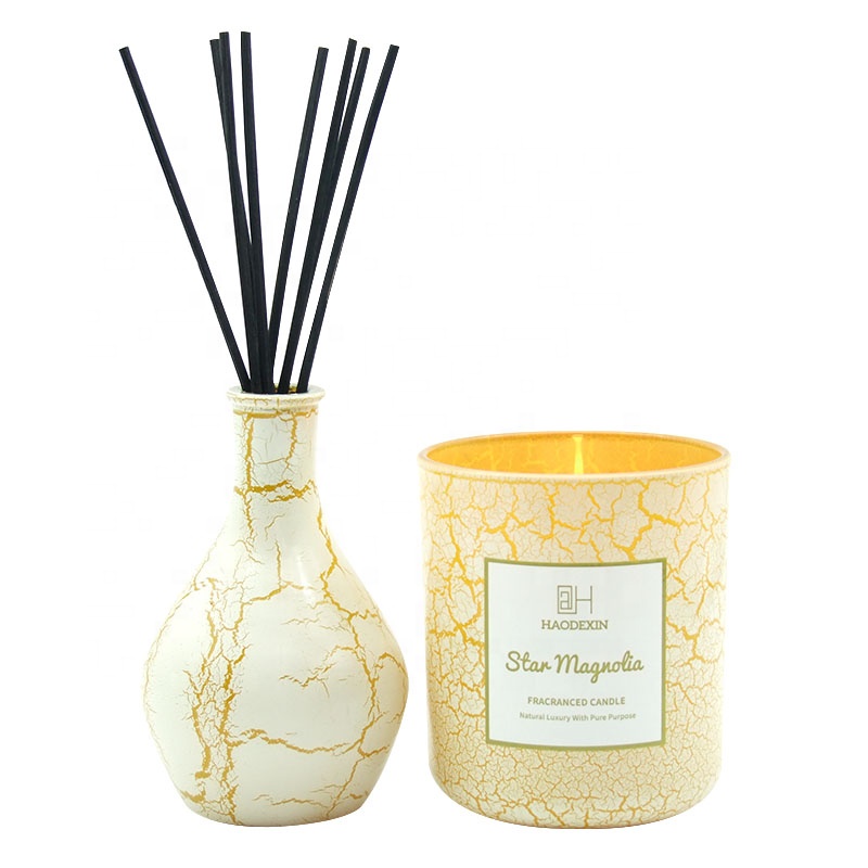 180ml 6oz gold lacquer luxury unique wholesale glass reed diffuser manufacturers set gift bottle Haodexin 12oz 13oz candle jars