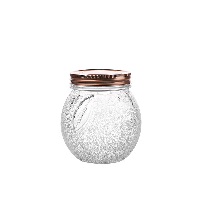 18oz 500ML 0.5L Leaf Design Transparent Glass Bean Canister Clear Glass Bottle Jam Storage Jar with Lid