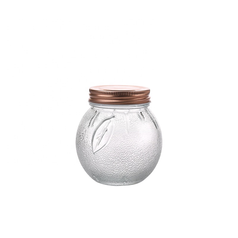 18oz 500ML 0.5L Leaf Design Transparent Glass Bean Canister Clear Glass Bottle Jam Storage Jar with Lid